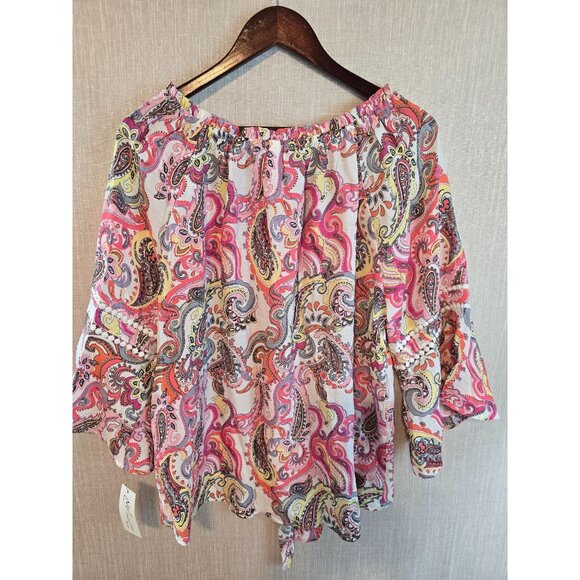 NY Collection Paisley Print Off-Shoulder Top Bell Sleeves Crochet Size 2X New - Picture 2 of 14